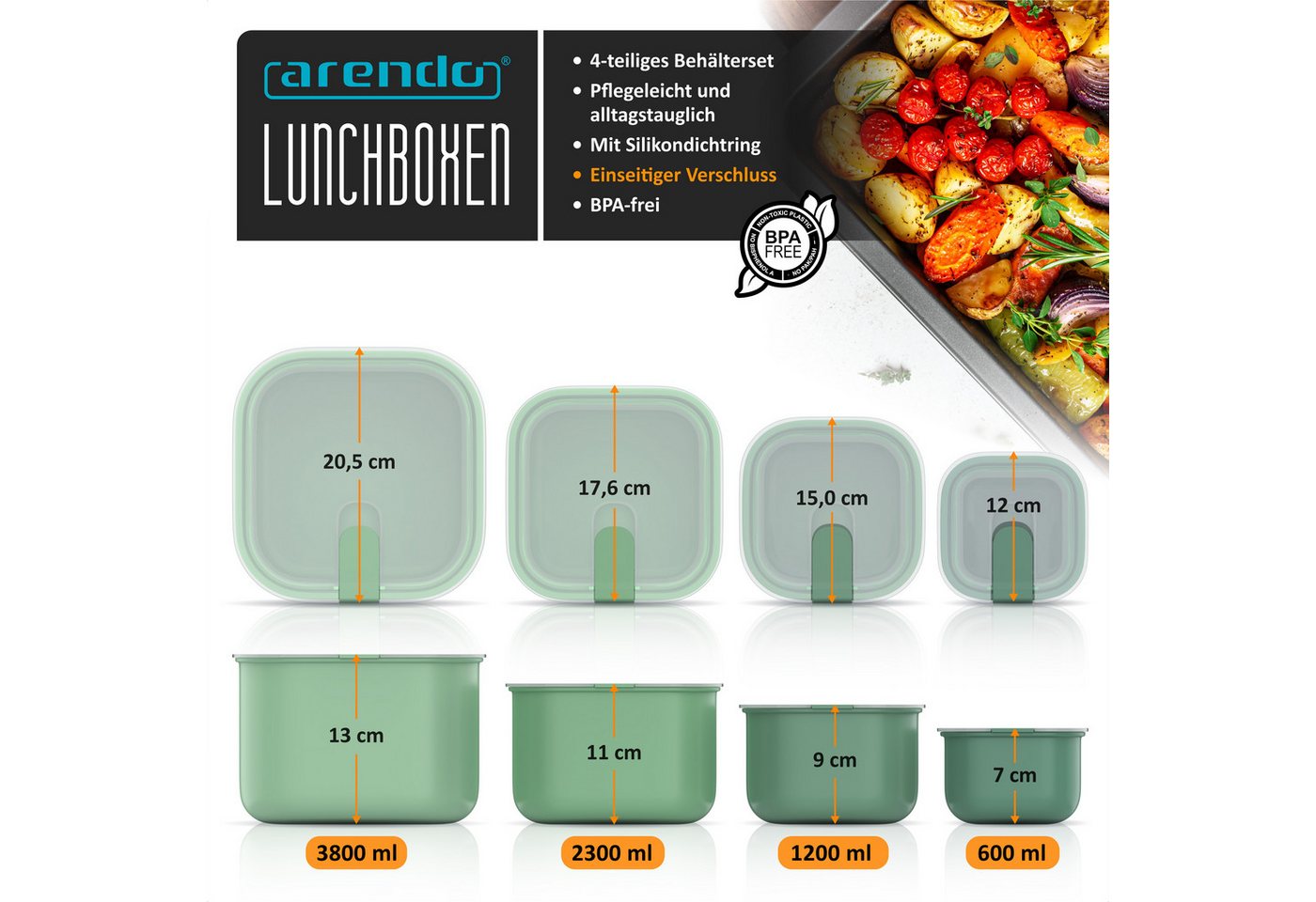 Arendo Frischhaltedose mit Deckel, 4er Set, Vorratsdosen, Lunchboxen, auslaufsicher, Polypropylen (PP), (Set, 4-tlg., 4 Größen), luftdicht, Mikrowellen, Gefrier – Bild 2 von 5