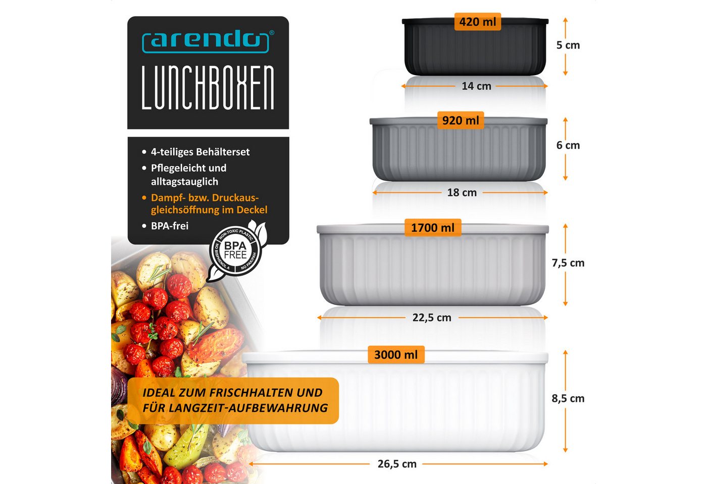 Arendo Frischhaltedose mit Deckel & Ventil, 4er Set, Vorratsdosen, Lunchboxen, auslaufsicher, Kunststoff, (Set, 4-tlg., 4 Größen (3 L, 1,7 L, 0,92 L, 0,42 L), s – Bild 2 von 5