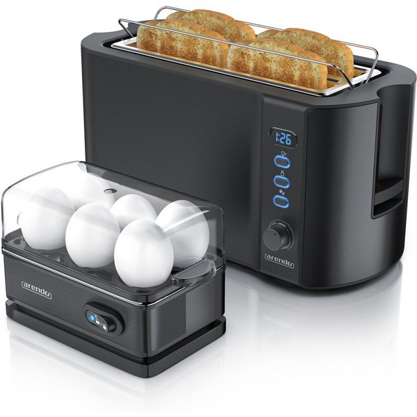 Arendo Frühstücks-Set 4-Scheiben Langschlitz Toaster, 6er Eierkocher, Schwarz (2-tlg), Edelstahl, BPA-frei, GS-geprüfte Sicherheit, fürs Familienfrühstück