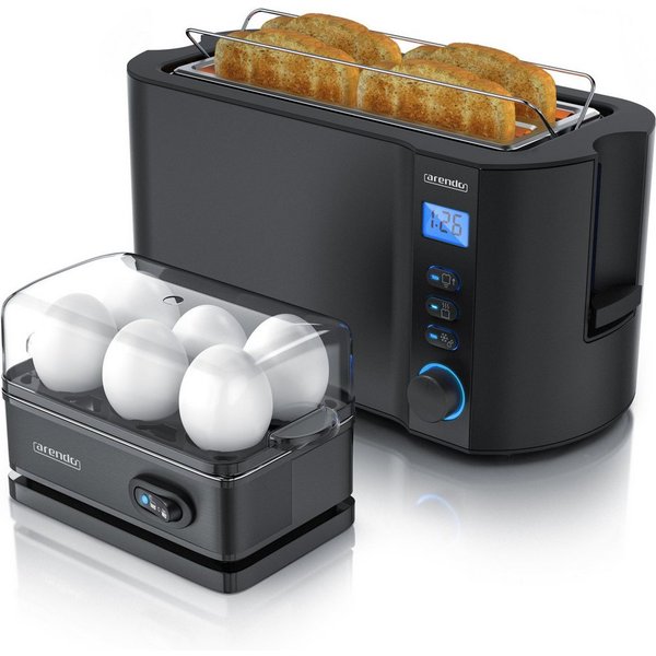 Arendo Frühstücks-Set 4-Scheiben Langschlitz Toaster, 6er Eierkocher, Schwarz (2-tlg), Edelstahl, BPA-frei, GS-geprüfte Sicherheit, fürs Familienfrühstück
