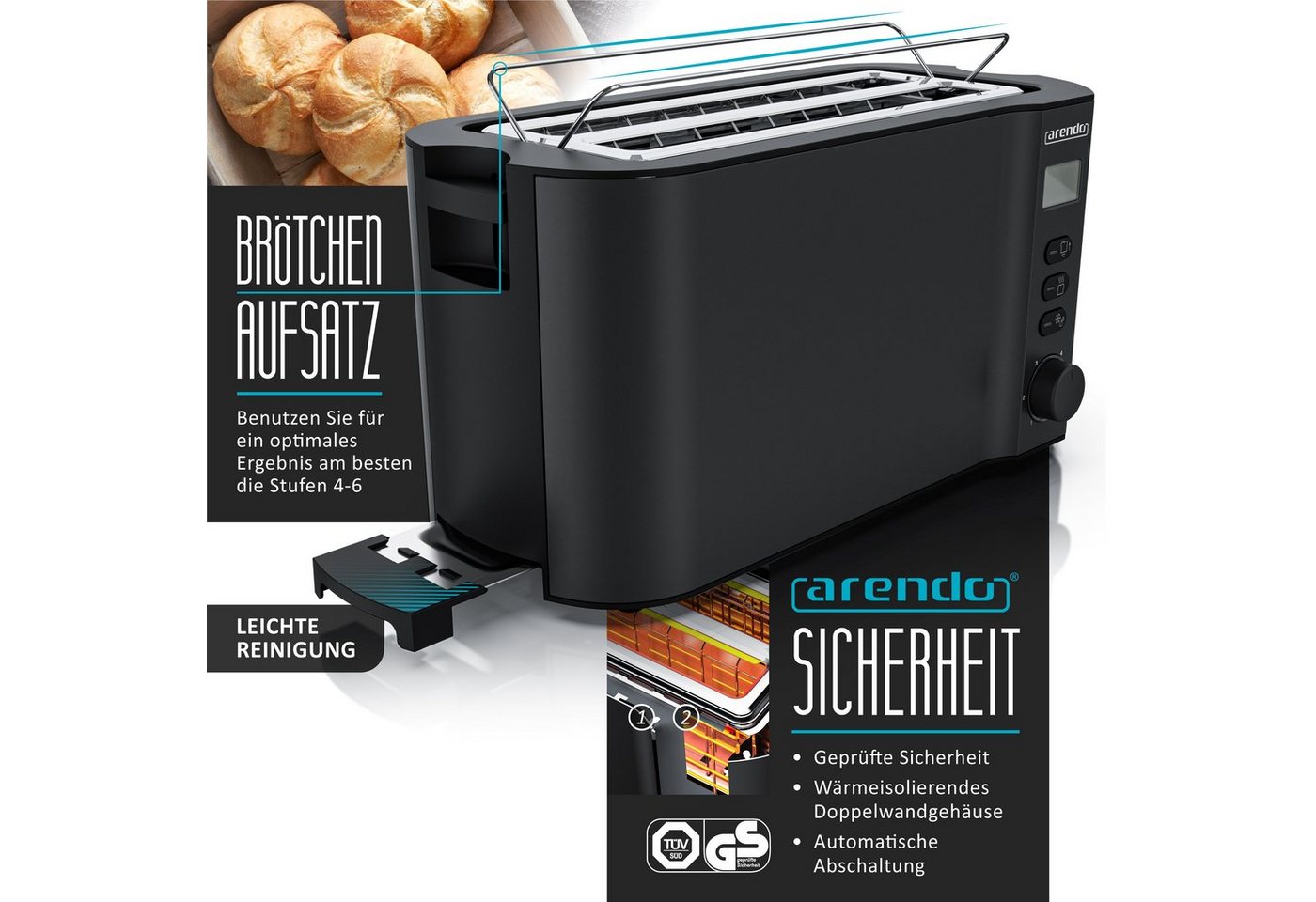 Arendo Frühstücks-Set 4-Scheiben Langschlitz Toaster, 6er Eierkocher, Schwarz (2-tlg), Edelstahl, BPA-frei, GS-geprüfte Sicherheit, fürs Familienfrühstück – Bild 2 von 5
