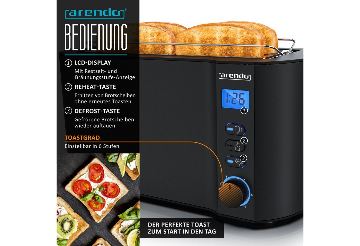 Arendo Frühstücks-Set 4-Scheiben Langschlitz Toaster, 6er Eierkocher, Schwarz (2-tlg), Edelstahl, BPA-frei, GS-geprüfte Sicherheit, fürs Familienfrühstück – Bild 3 von 5