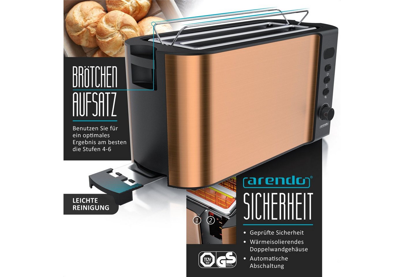 Arendo Frühstücks-Set 4-Scheiben Langschlitz Toaster, 7er Eierkocher, Kupfer (2-tlg), Edelstahl, BPA-frei, GS-geprüfte Sicherheit, fürs Familienfrühstück – Bild 2 von 5