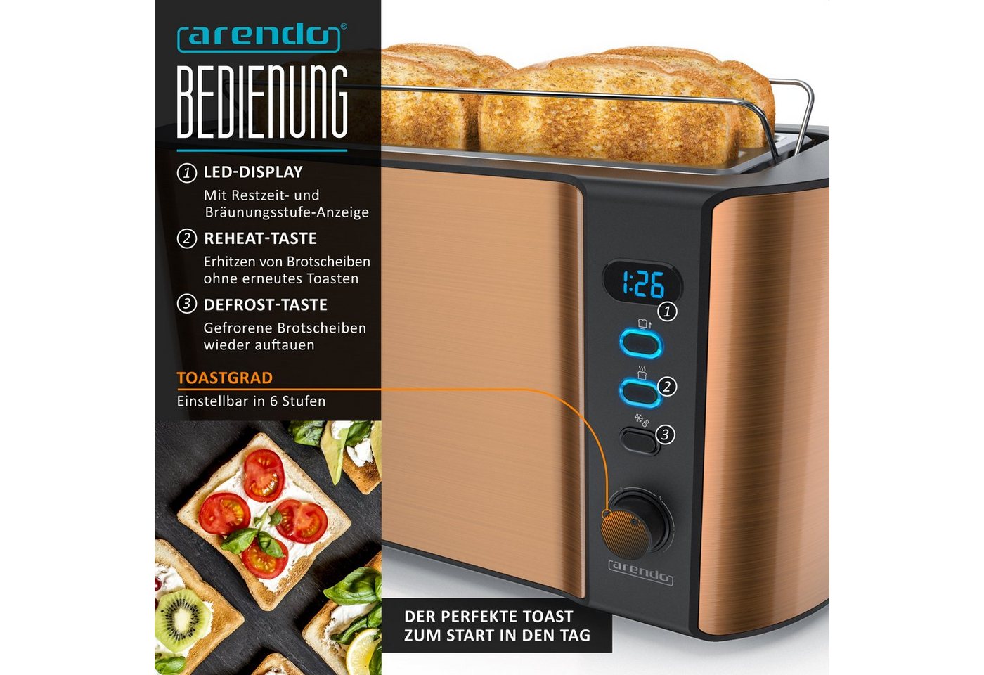 Arendo Frühstücks-Set 4-Scheiben Langschlitz Toaster, 7er Eierkocher, Kupfer (2-tlg), Edelstahl, BPA-frei, GS-geprüfte Sicherheit, fürs Familienfrühstück – Bild 3 von 5