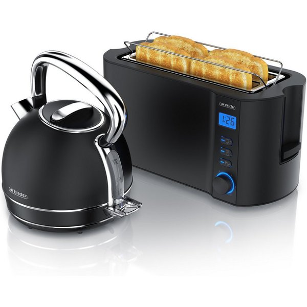 Arendo Frühstücks-Set Edelstahl Wasserkocher 1,7l, 4-Scheiben Langschlitz Toaster, schwarz (2-tlg), Vintage Wasserkocher Temperatureinstellung, Toaster Brötchen