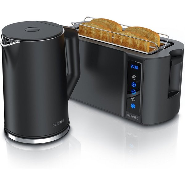 Arendo Frühstücks-Set Edelstahl Wasserkocher 1,5l, 4-Scheiben Langschlitz Toaster, schwarz (2-tlg), Wasserkocher mit Temperatureinstellung, Toaster Brötchenaufs