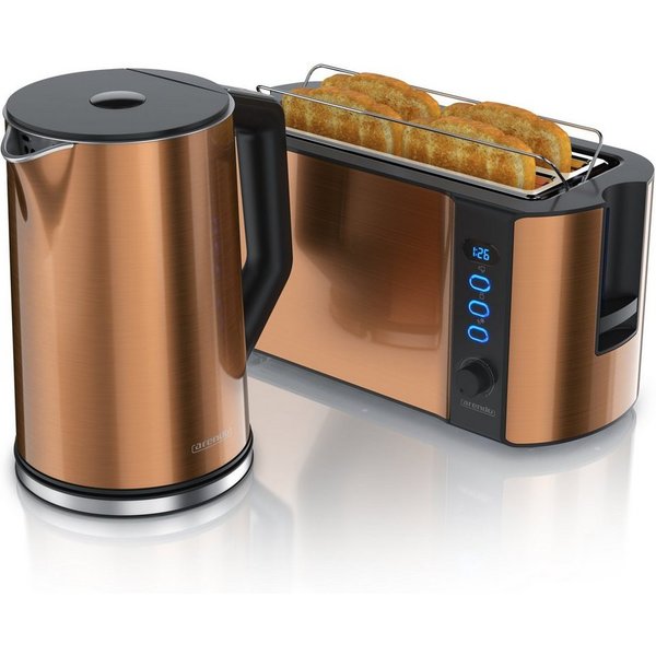 Arendo Frühstücks-Set Edelstahl Wasserkocher 1,5l, 4-Scheiben Langschlitz Toaster, Kupfer (2-tlg), BPA-frei, GS-geprüfte Sicherheit, perfekt fürs Familienfrühst