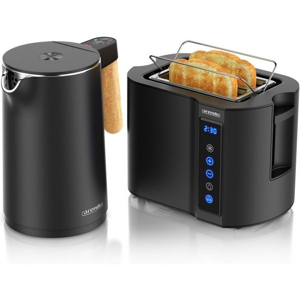 Arendo Frühstücks-Set Edelstahl Wasserkocher 1,5l, 2-Scheiben Kurzschlitz Toaster, schwarz (2-tlg), Wasserkocher mit Temperatureinstellung, Toaster Brötchenaufs