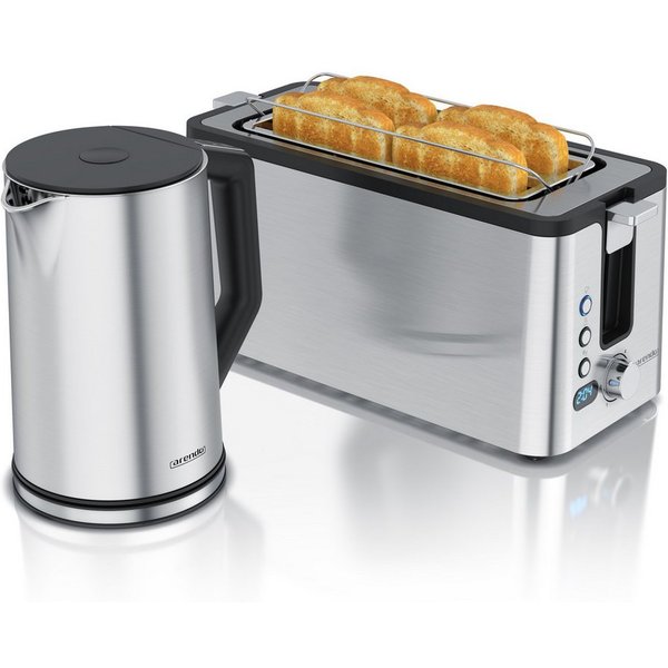 Arendo Frühstücks-Set Edelstahl Wasserkocher 1,5l, 4-Scheiben Langschlitz Toaster, silber (2-tlg), Wasserkocher mit Temperatureinstellung, 2200W, Toaster Brötch