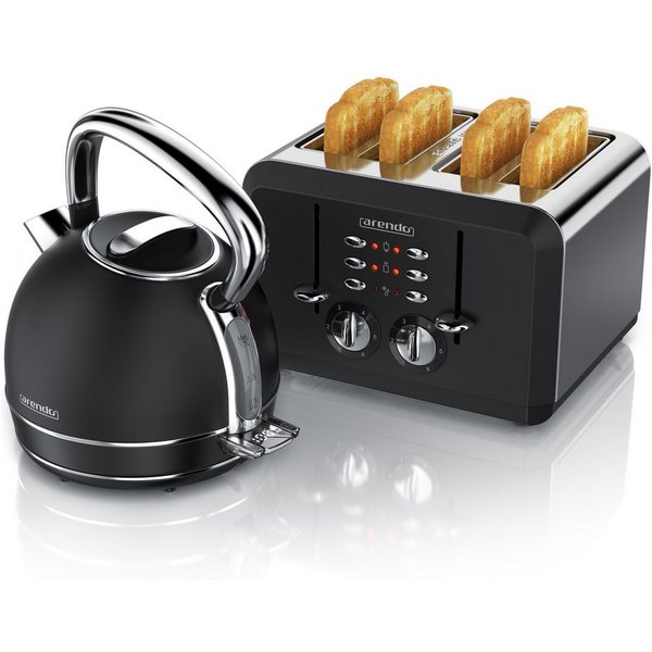 Arendo Frühstücks-Set Edelstahl Wasserkocher 1,7l, 4-Scheiben Kurzschlitz Toaster, schwarz (2-tlg), Retro Wasserkocher mit Temperatureinstellung, Vintage Toaste
