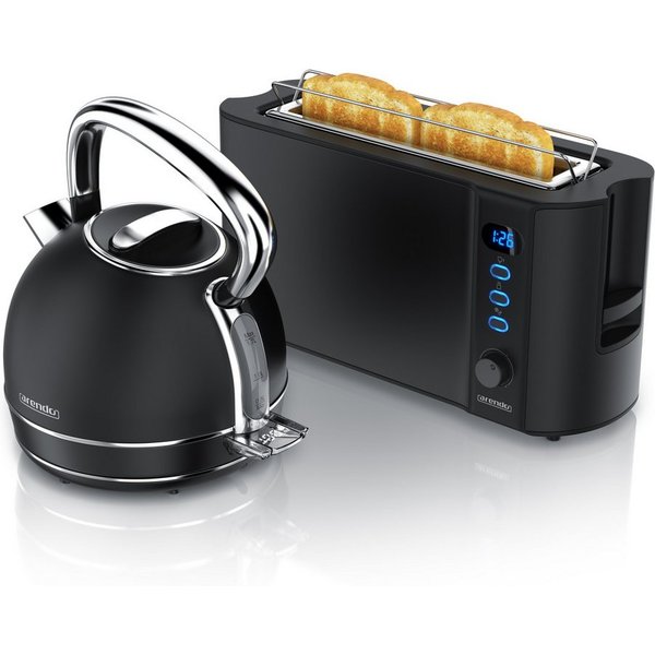 Arendo Frühstücks-Set Edelstahl Wasserkocher 1,7l, 2-Scheiben Langschlitz Toaster, schwarz (2-tlg), Vintage Wasserkocher Temperatureinstellung, Toaster Brötchen
