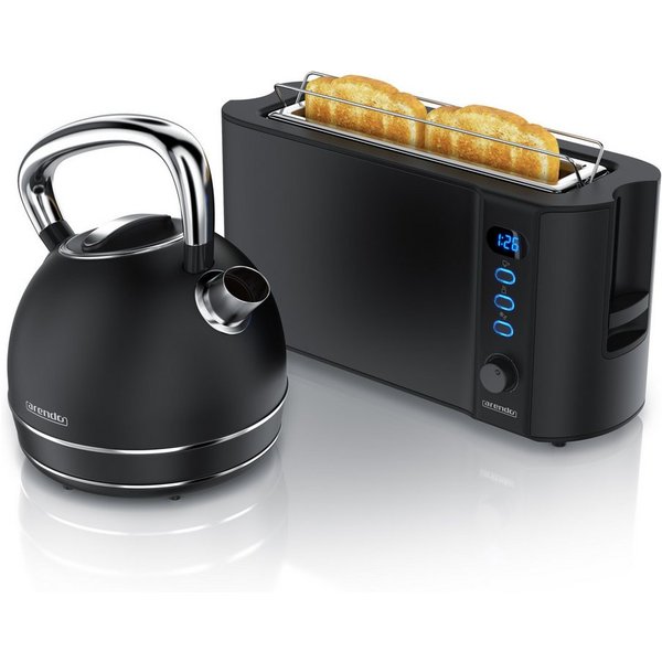 Arendo Frühstücks-Set Edelstahl Wasserkocher 1,7l, 2-Scheiben Langschlitz Toaster, schwarz (2-tlg), Frühstücksset, Wasserkocher Retro, 2200W, Toaster Brötchenau