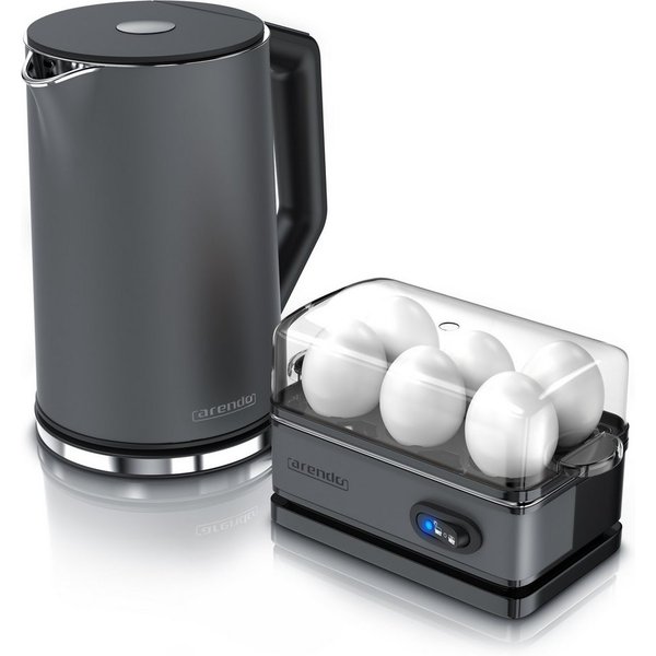 Arendo Frühstücks-Set Edelstahl Wasserkocher 1,5l, 6er Eierkocher, Cool Grey (2-tlg), Temperaturwahl 40° - 100°C, Warmhaltefunktion, 1-6 Eier, Messbecher
