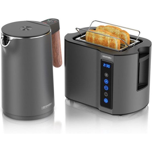 Arendo Frühstücks-Set Edelstahl Wasserkocher 1,5l, 2-Scheiben Kurzschlitz Toaster, Cool Grey (2-tlg), Wasserkocher mit Temperatureinstellung, Toaster Brötchenau