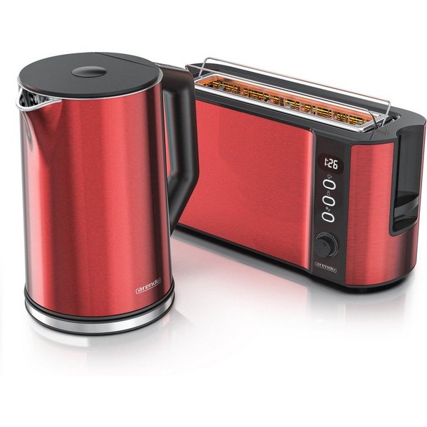 Arendo Frühstücks-Set Wasserkocher 1,5l & 2-Scheiben Langschlitz Toaster, Edelstahl, Rot (2-tlg), Wasserkocher mit Temperaturwahl, Toaster mit Brötchenaufsatz