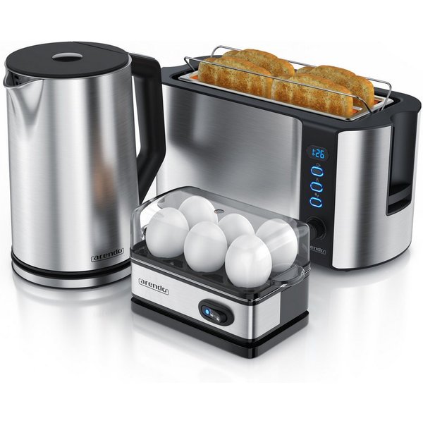 Arendo Frühstücks-Set Wasserkocher 1,5l, 4-Scheiben Toaster, 6er Eierkocher, Silber (3-tlg), Edelstahl, BPA-frei, GS-geprüfte Sicherheit, fürs Familienfrühstück