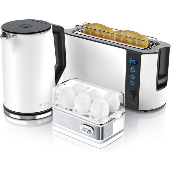 Arendo Frühstücks-Set Wasserkocher 1,5l / 2-Scheiben Toaster / Eierkocher, Edelstahl, Weiß (3-tlg), BPA-frei, GS-geprüfte Sicherheit, perfekt fürs Familienfrühs