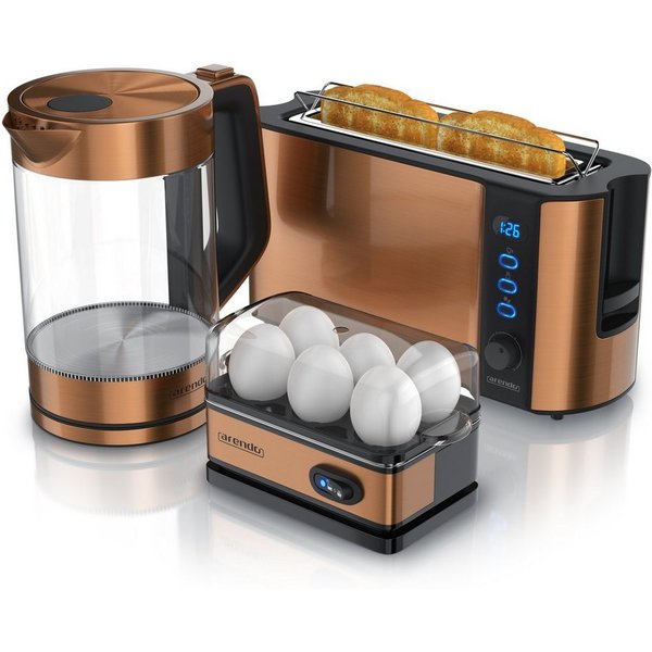 Arendo Frühstücks-Set Wasserkocher 1,7l / 2-Scheiben Toaster / Eierkocher, Edelstahl, Kupfer (3-tlg), BPA-frei, GS-geprüfte Sicherheit, perfekt fürs Familienfrü