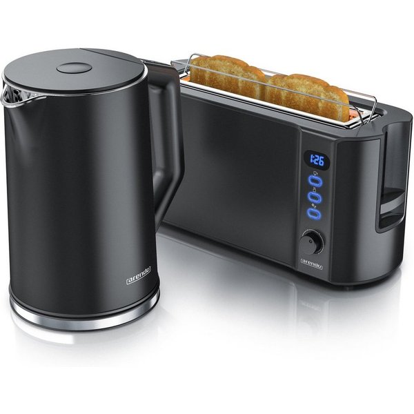 Arendo Frühstücks-Set Wasserkocher 1,5l & 2-Scheiben Langschlitz Toaster, Edelstahl, Schwarz (2-tlg), Wasserkocher mit Temperaturwahl, Toaster mit Brötchenaufsa