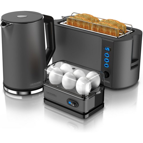 Arendo Frühstücks-Set Wasserkocher 1,5l, 4-Scheiben Toaster, 6er Eierkocher, Cool Grey (3-tlg), Edelstahl, 40°-100°C, LED-Display, 6 Bräunungsgrade, Messbecher
