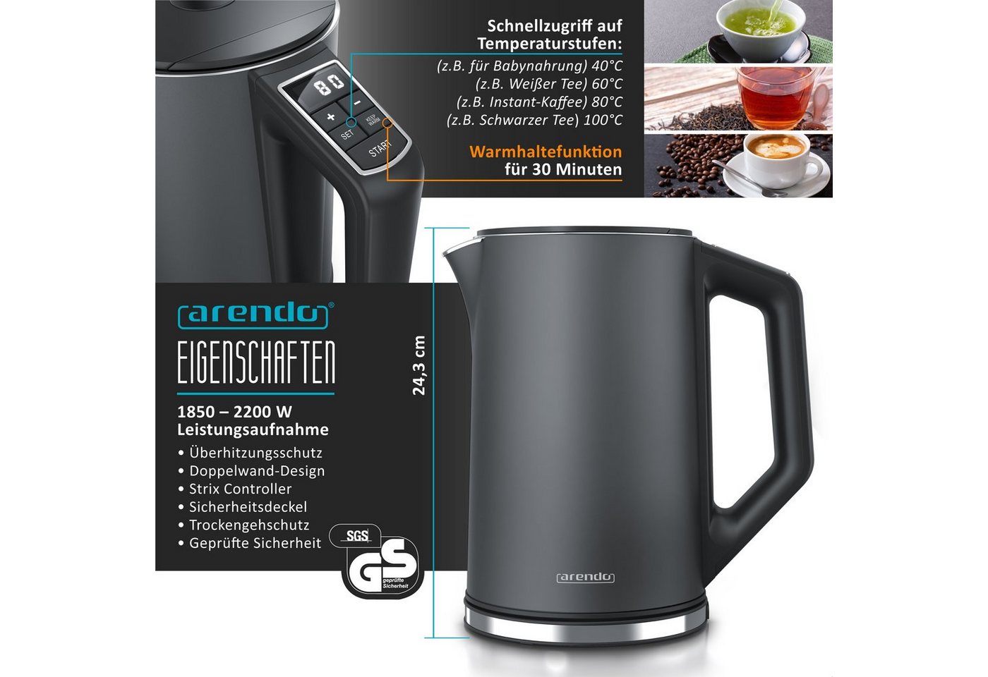 Arendo Frühstücks-Set Wasserkocher 1,5l, 4-Scheiben Toaster, 6er Eierkocher, Cool Grey (3-tlg), Edelstahl, 40°-100°C, LED-Display, 6 Bräunungsgrade, Messbecher – Bild 2 von 5