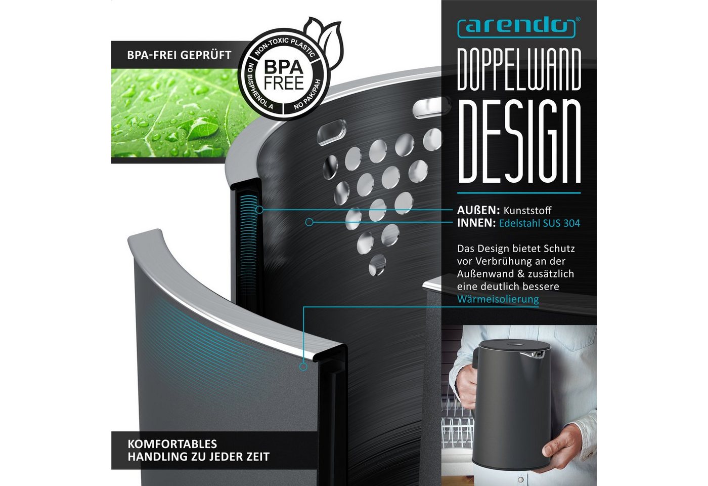 Arendo Frühstücks-Set Wasserkocher 1,5l, 4-Scheiben Toaster, 6er Eierkocher, Cool Grey (3-tlg), Edelstahl, 40°-100°C, LED-Display, 6 Bräunungsgrade, Messbecher – Bild 3 von 5