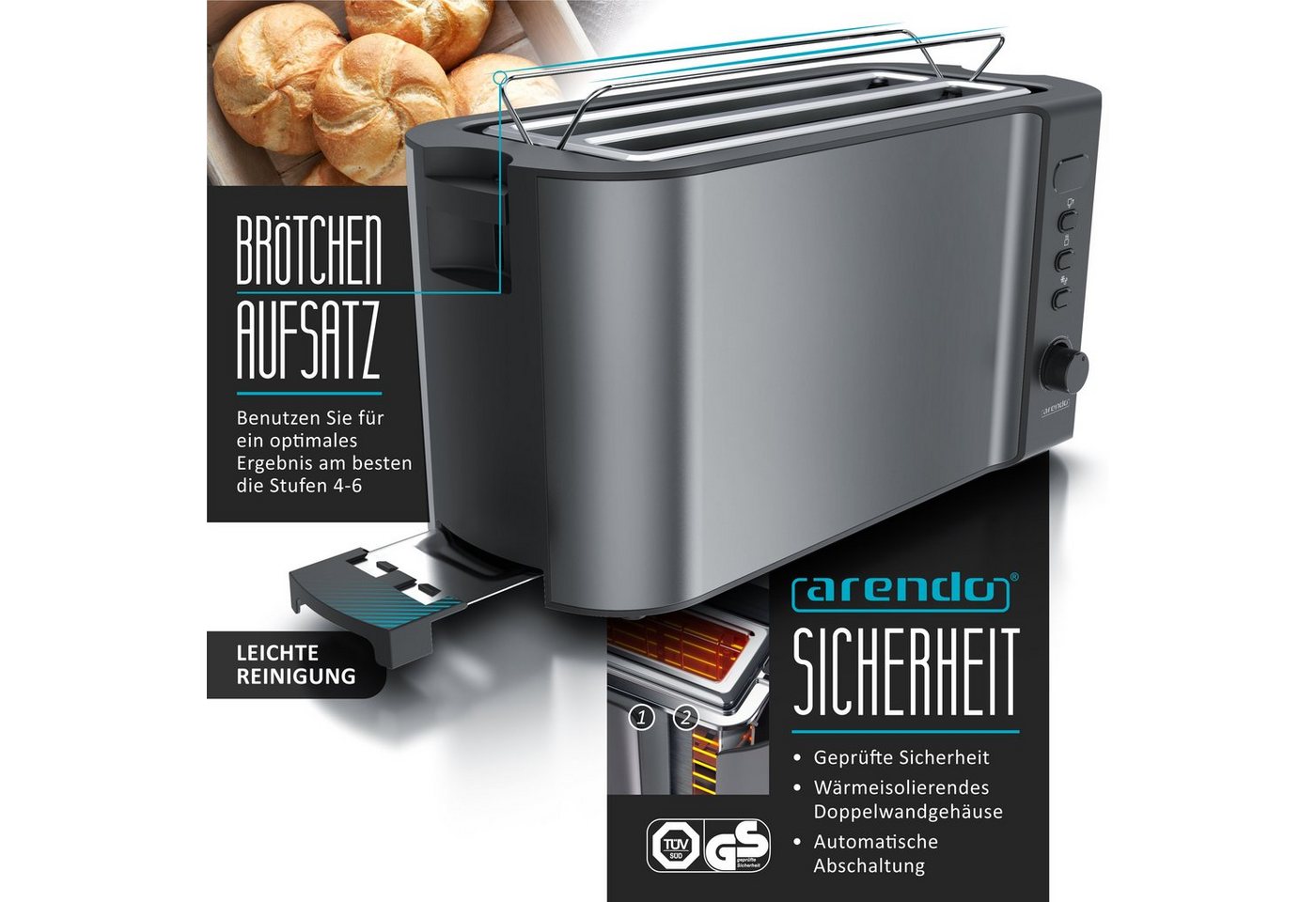 Arendo Frühstücks-Set Wasserkocher 1,5l, 4-Scheiben Toaster, 6er Eierkocher, Cool Grey (3-tlg), Edelstahl, 40°-100°C, LED-Display, 6 Bräunungsgrade, Messbecher – Bild 4 von 5