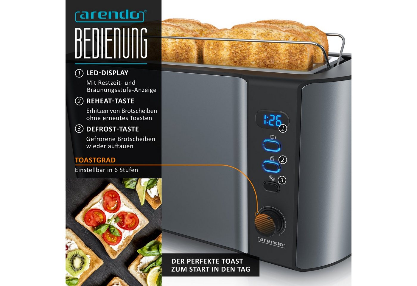 Arendo Frühstücks-Set Wasserkocher 1,5l, 4-Scheiben Toaster, 6er Eierkocher, Cool Grey (3-tlg), Edelstahl, 40°-100°C, LED-Display, 6 Bräunungsgrade, Messbecher – Bild 5 von 5