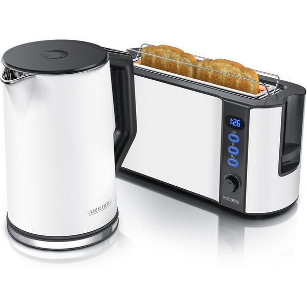 Arendo Frühstücks-Set Wasserkocher 1,5l & 2-Scheiben Langschlitz Toaster, Edelstahl, Weiß (2-tlg), Wasserkocher mit Temperaturwahl, Toaster mit Brötchenaufsatz