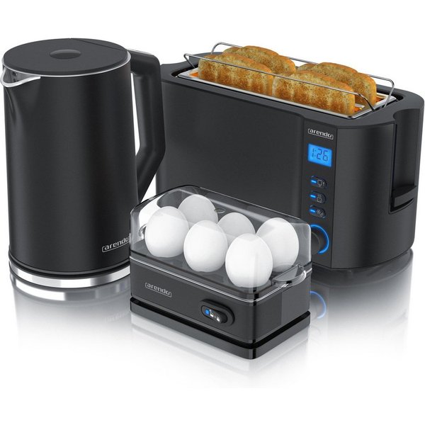 Arendo Frühstücks-Set Wasserkocher 1,5l, 4-Scheiben Toaster, 6er Eierkocher, Schwarz (3-tlg), Edelstahl, BPA-frei, GS-geprüfte Sicherheit, fürs Familienfrühstüc