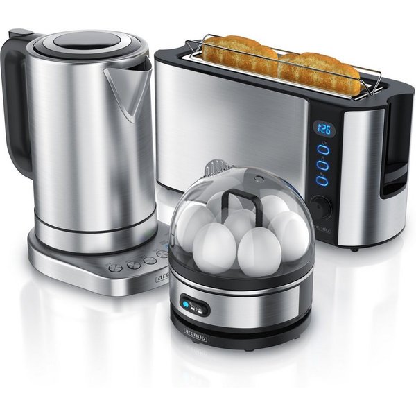 Arendo Frühstücks-Set Wasserkocher 1,7l, 2-Scheiben Toaster, Eierkocher 7-fach, Edelstahl (3-tlg), BPA-frei, GS-geprüfte Sicherheit, perfekt fürs Familienfrühst