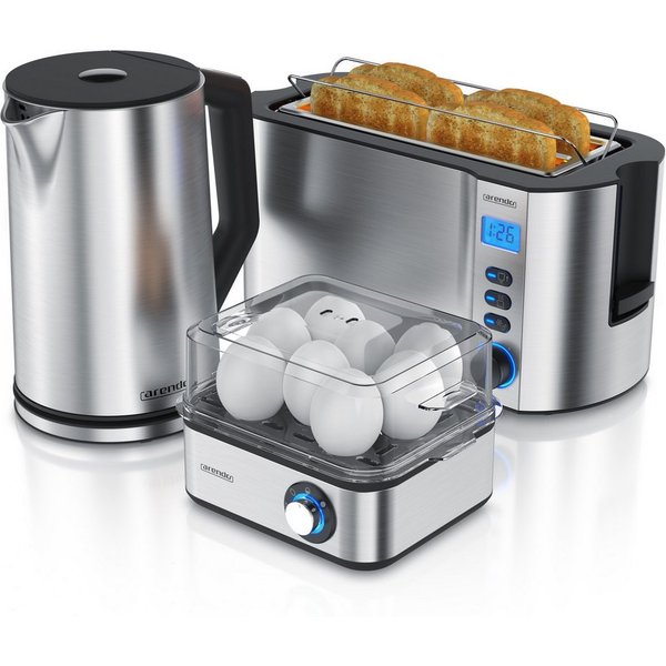 Arendo Frühstücks-Set Wasserkocher 1,5l, 4-Scheiben Toaster, 8er Eierkocher, Silber (3-tlg), Edelstahl, BPA-frei, GS-geprüfte Sicherheit, fürs Familienfrühstück