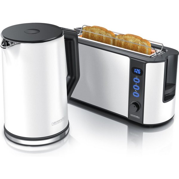 Arendo Frühstücks-Set Wasserkocher 1,5l & 2-Scheiben Langschlitz Toaster, Edelstahl, Weiß (2-tlg), Wasserkocher mit Temperaturwahl, Toaster mit Brötchenaufsatz