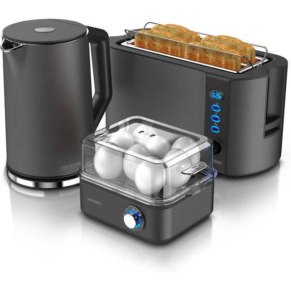 Arendo Frühstücks-Set Wasserkocher 1,5l, 4-Scheiben Toaster, 8er Eierkocher, Cool Grey (3-tlg), Wasserkocher 40-100°C, Toaster: LED-Display, Eierkocher: 1-8 Eie