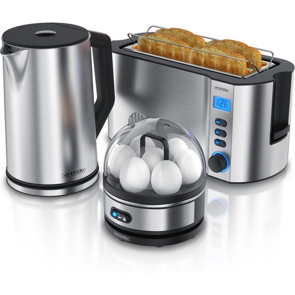 Arendo Frühstücks-Set Wasserkocher 1,5l, 4-Scheiben Toaster, 7er Eierkocher, Silber (3-tlg), Edelstahl, BPA-frei, GS-geprüfte Sicherheit, fürs Familienfrühstück