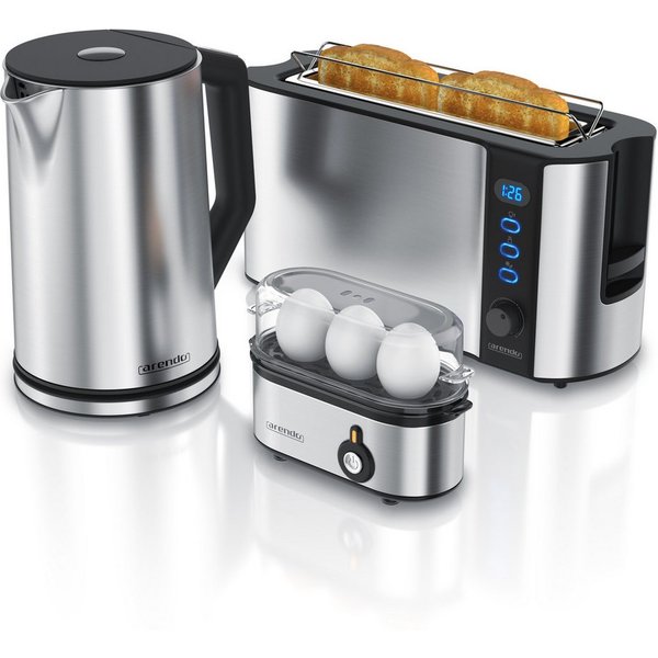 Arendo Frühstücks-Set Wasserkocher 1,5l / 2-Scheiben Toaster / Eierkocher, Edelstahl, Silber (3-tlg), BPA-frei, GS-geprüfte Sicherheit, perfekt fürs Familienfrü