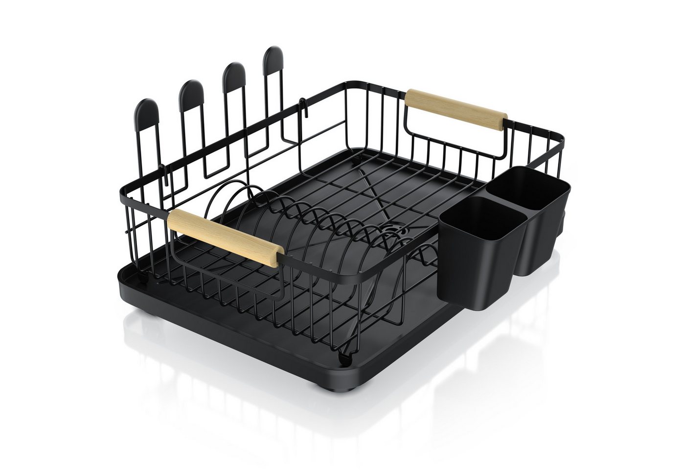 Arendo Geschirrständer Abtropfgestell, Metall, Holzgriffe, 4-fach Glashalter, 360° Ablauf, Besteckhalter, Abtropfschale, platzsparend, selbstentwässernd – Bild 2 von 5