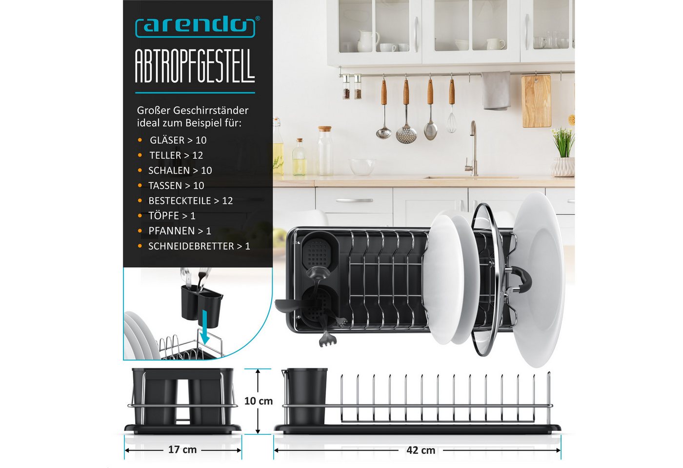 Arendo Geschirrständer Abtropfgestell, platzsparend, kompakt, 12 Tellerhalter, Besteckhalter, Edelstahl, Abtropfschale, rostfrei, robust, einfache Montage – Bild 3 von 5