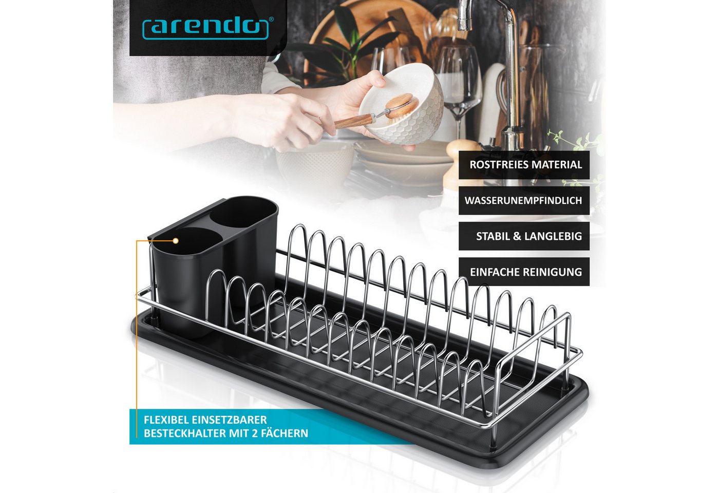 Arendo Geschirrständer Abtropfgestell, platzsparend, kompakt, 12 Tellerhalter, Besteckhalter, Edelstahl, Abtropfschale, rostfrei, robust, einfache Montage – Bild 5 von 5
