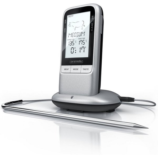 Arendo Grillthermometer Fleischthermometer & Bratenthermometer, Funk, für BBQ, Grill & Ofen, 1-tlg., Digital, Funk, Kabellos, Edelstahlsonde bis Max. 250°C