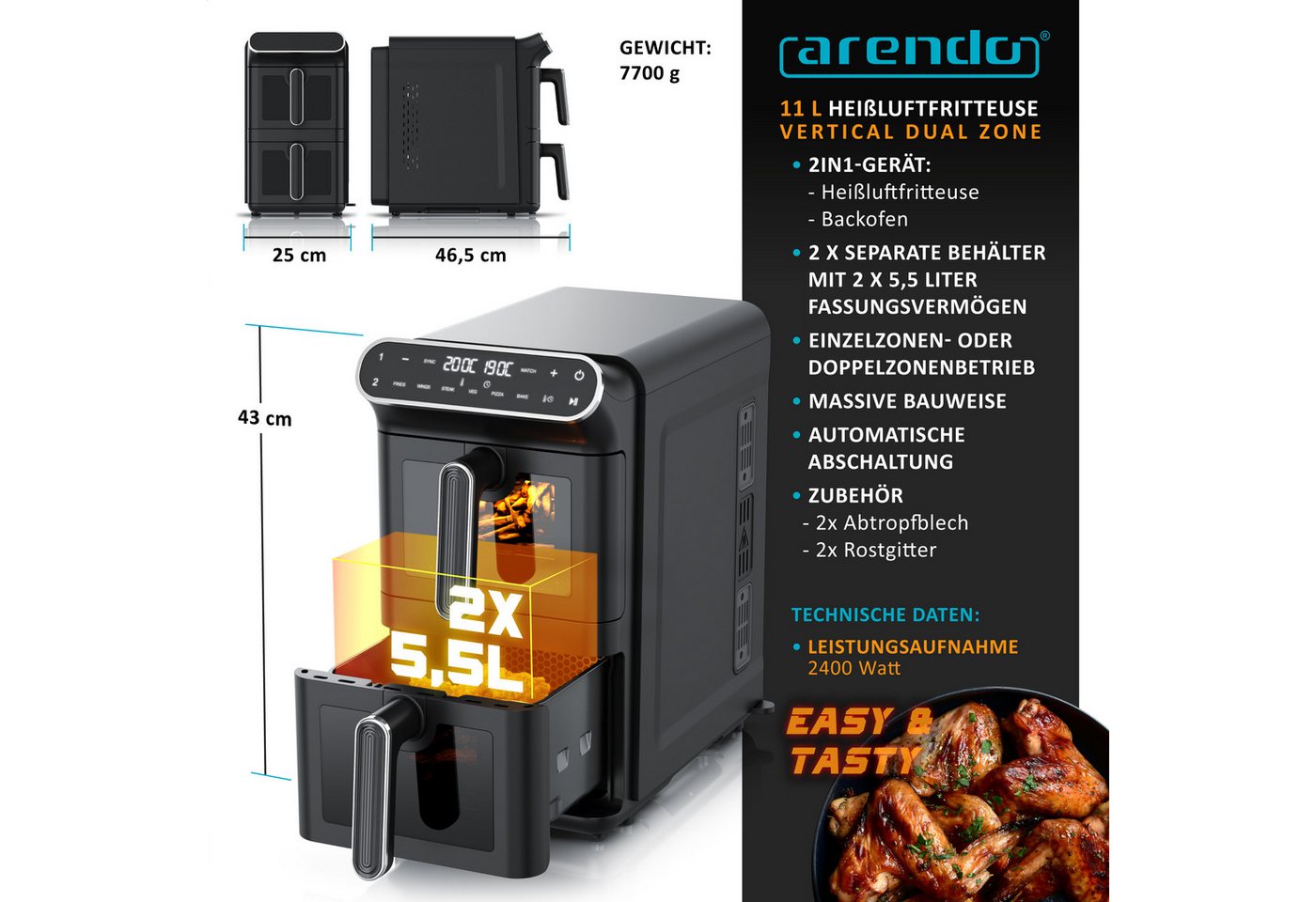 Arendo Heißluftfritteuse Dual, 2 Kammern Übereinander, XXL Doppelkammer Airfryer 11L, Dual Zone, 2640 W, mit Zubehör, Umluft Backofen, Sichtfenster, BPA-frei, G – Bild 2 von 5