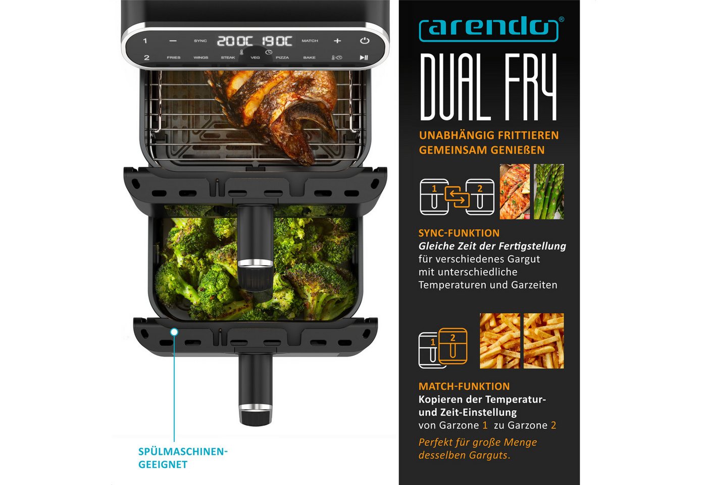 Arendo Heißluftfritteuse Dual, 2 Kammern Übereinander, XXL Doppelkammer Airfryer 11L, Dual Zone, 2640 W, mit Zubehör, Umluft Backofen, Sichtfenster, BPA-frei, G – Bild 4 von 5