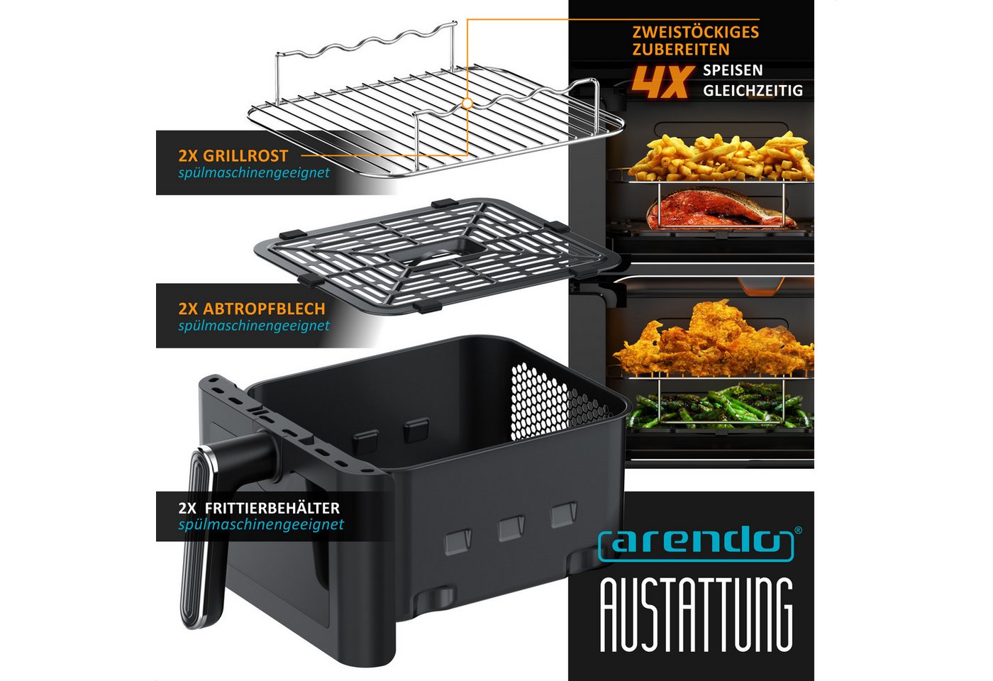 Arendo Heißluftfritteuse Dual, 2 Kammern Übereinander, XXL Doppelkammer Airfryer 11L, Dual Zone, 2640 W, mit Zubehör, Umluft Backofen, Sichtfenster, BPA-frei, G – Bild 5 von 5