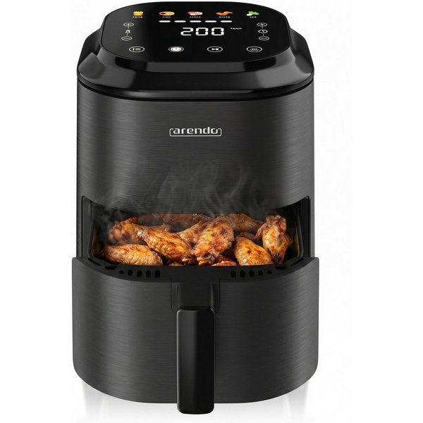 Arendo Heißluftfritteuse kompakter Airfryer 2,5 l, Touch, 5 Programme, herausnehmbarer Frittierkorb, 1000 W, mit Zubehör, Umluft Backofen, Edelstahl, fettarmes 