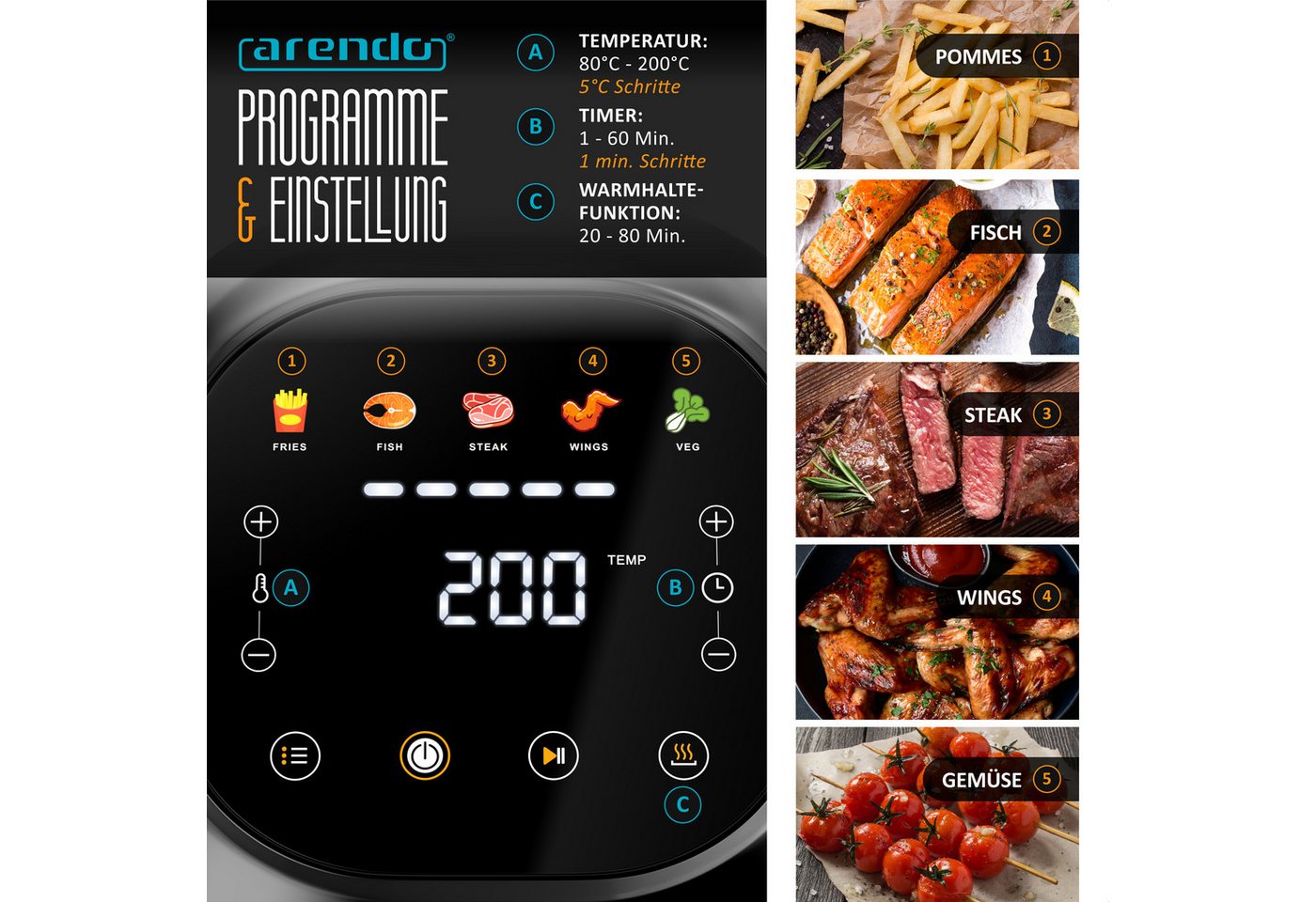 Arendo Heißluftfritteuse kompakter Airfryer 2,5 l, Touch, 5 Programme, herausnehmbarer Frittierkorb, 1000 W, mit Zubehör, Umluft Backofen, Edelstahl, fettarmes  – Bild 3 von 5