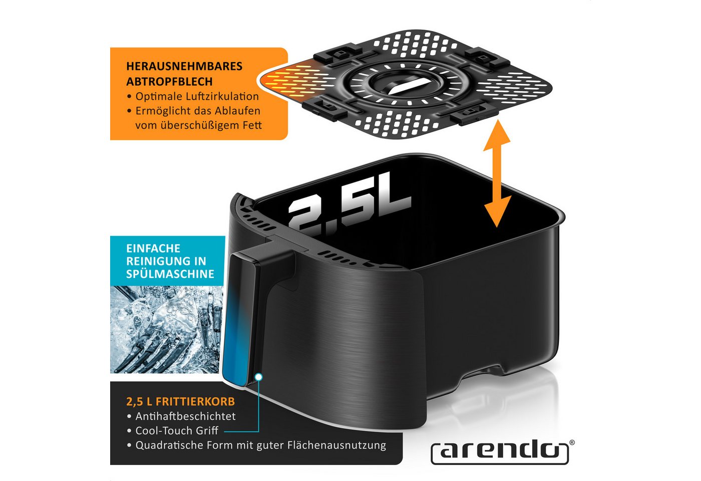 Arendo Heißluftfritteuse kompakter Airfryer 2,5 l, Touch, 5 Programme, herausnehmbarer Frittierkorb, 1000 W, mit Zubehör, Umluft Backofen, Edelstahl, fettarmes  – Bild 4 von 5