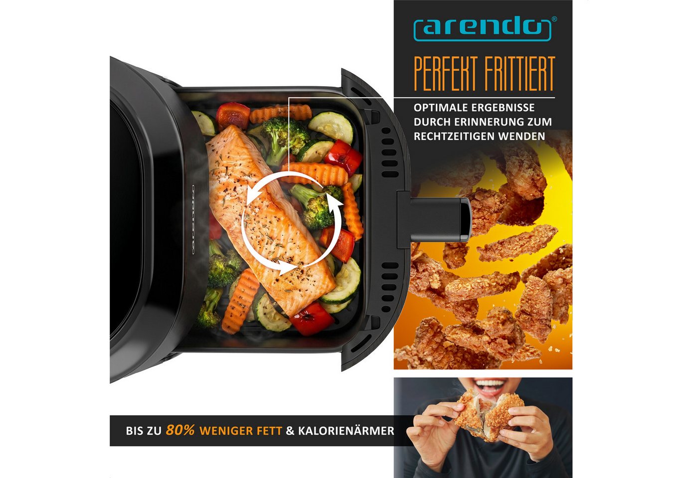 Arendo Heißluftfritteuse kompakter Airfryer 2,5 l, Touch, 5 Programme, herausnehmbarer Frittierkorb, 1000 W, mit Zubehör, Umluft Backofen, Edelstahl, fettarmes  – Bild 5 von 5