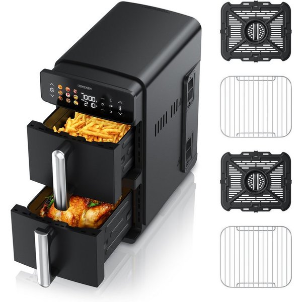 Arendo Heißluftfritteuse mit 2 Kammern Übereinander, XXL Doppelkammer Airfryer 11L, Dual Zone, 2400 W, mit Zubehör, Umluft Backofen, Edelstahl, fettarmes gesund