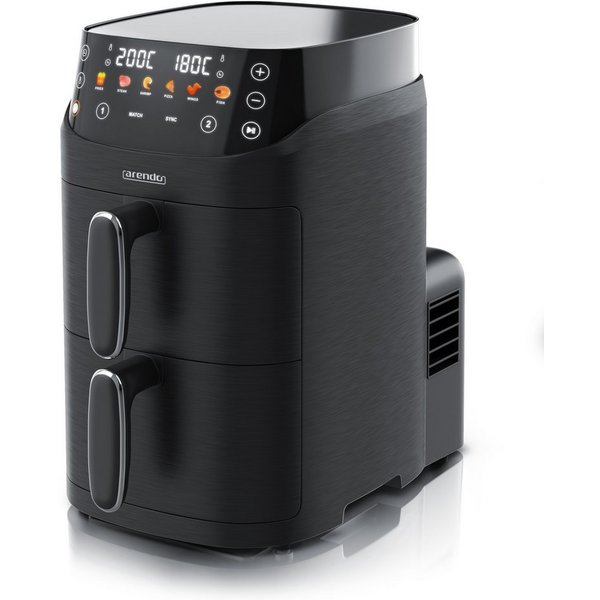Arendo Heißluftfritteuse mit 2 Kammern Übereinander, Doppelkammer Airfryer 5L, Dual Zone, 2000 W, mit Zubehör, Umluft Backofen, Edelstahl, fettarmes gesundes Ko