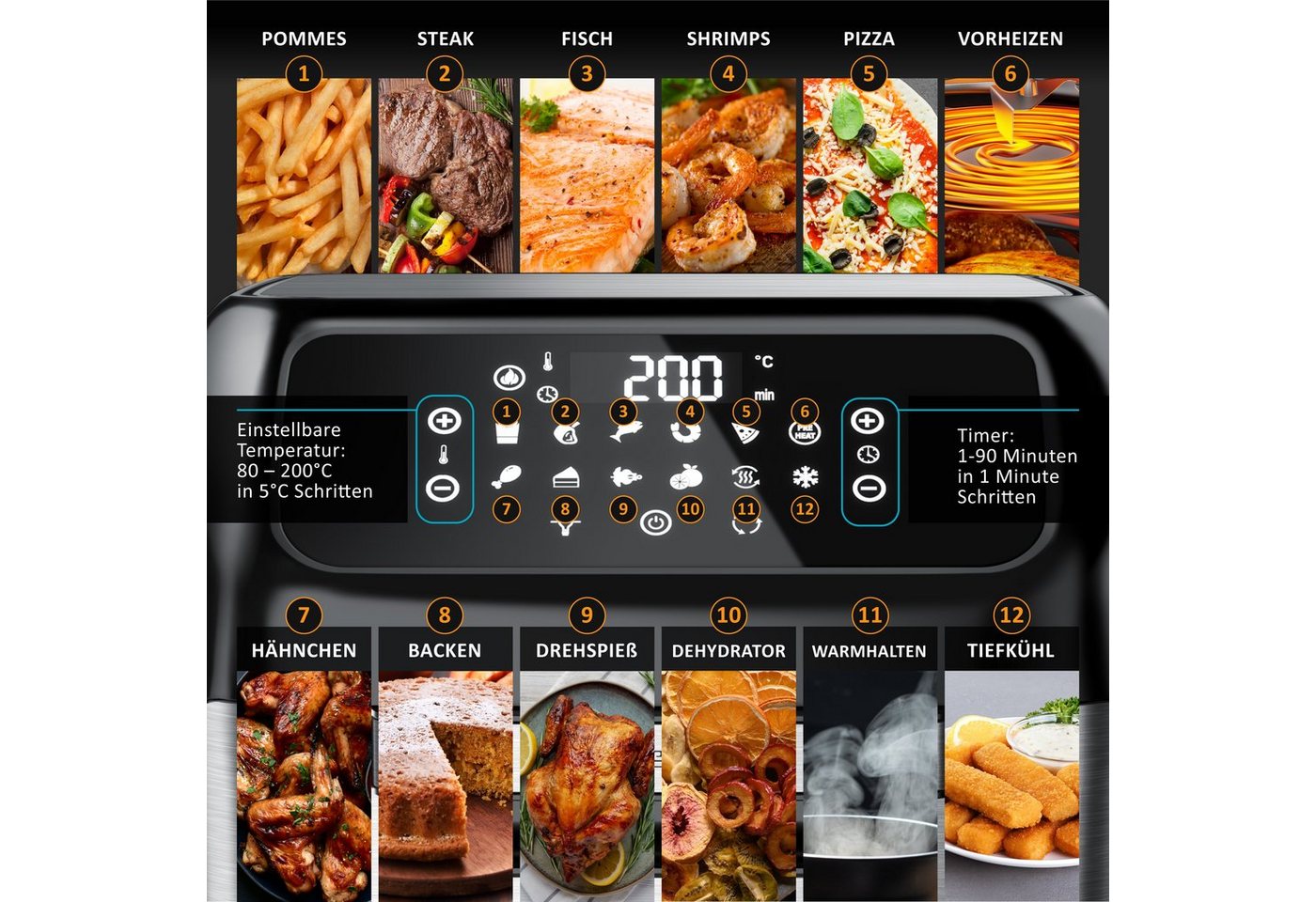Arendo Heißluftfritteuse mit Zubehör, Airfryer 12L, 4in1 Edelstahl Heissluftfritteuse XXL, 1800 W, Mini Backofen, Grill, Dörrautomat, Fritteuse ohne Öl, Umluft  – Bild 4 von 5